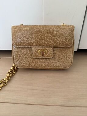 Croc-Embossed Tan Leather Crossbody with Gold Chain